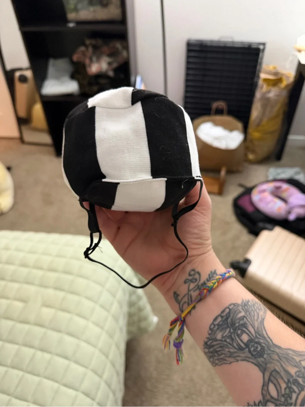 Dog Black and White Striped Prison Hat with Chin Strap